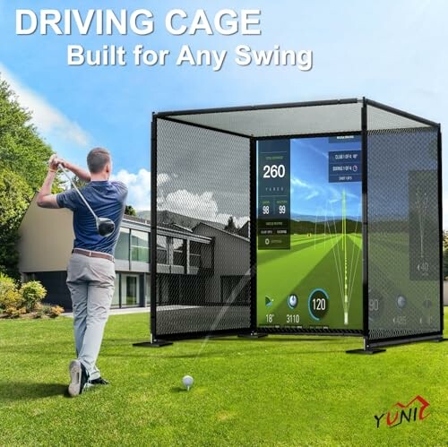 Man practicing golf swing in a driving cage with digital display.