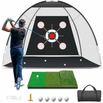 Man practicing golf with a target net, mat, balls, and carrying bag.