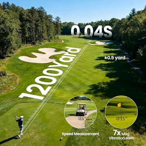 Golf course view with rangefinder measurements overlay.