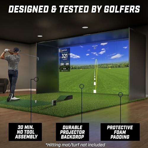Indoor golf simulator setup with golfer swinging and screen display using GoSports Golf Simulator Enclosure.