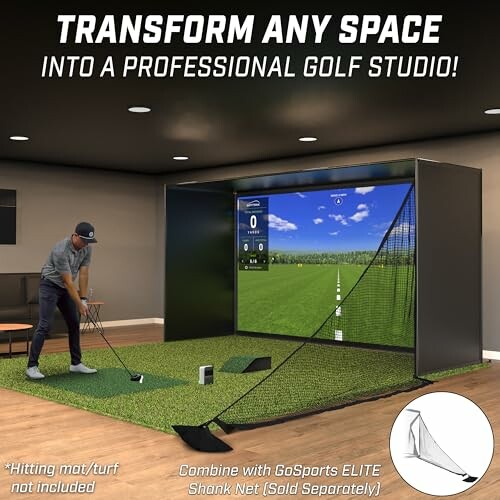 Man using a professional indoor golf simulator setup with GoSports Golf Simulator Enclosure.
