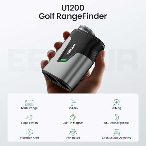 EENOUR Golf Rangefinder with features including 1200Y range, pin lock, 7x magnification, slope switch, built-in magnet, USB rechargeable, vibration alert, IP54 rated, 23.5mm max objective.